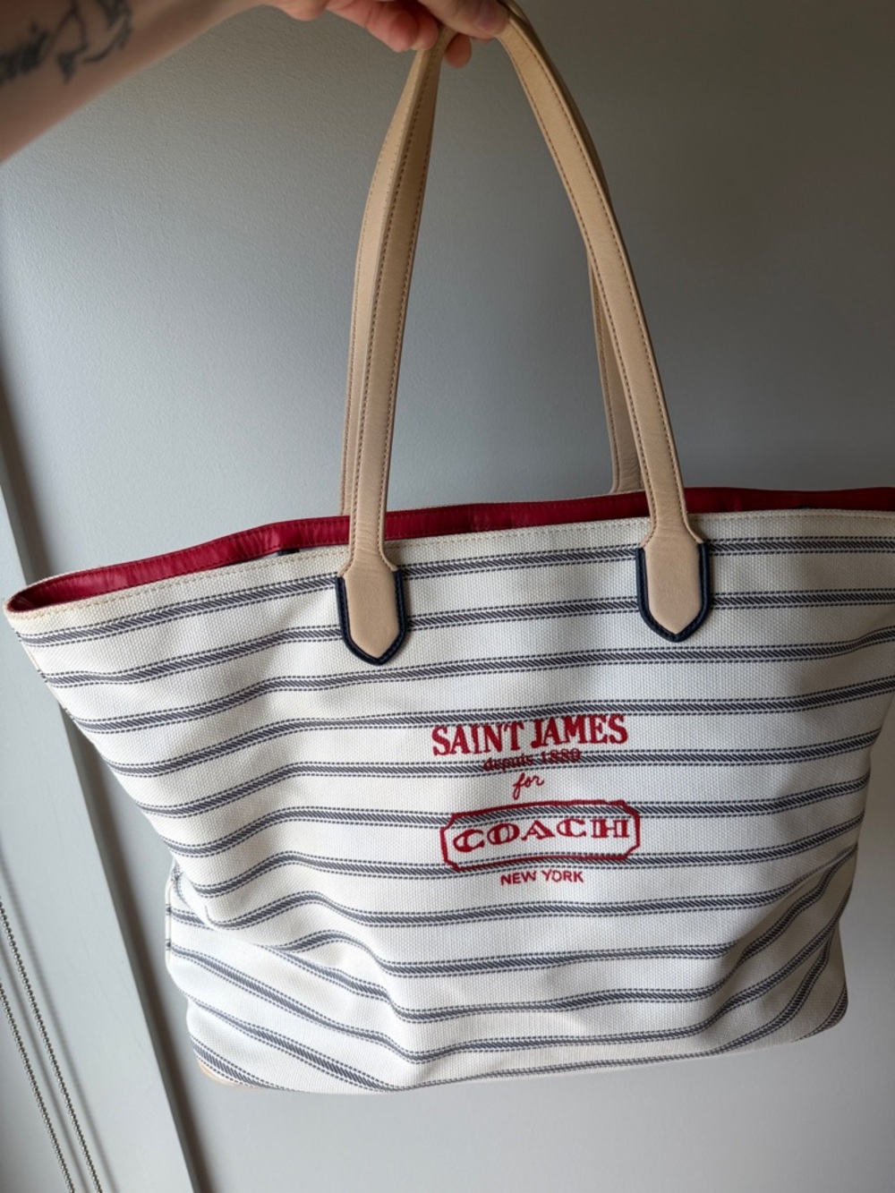 Saint James x Coach Striped Canvas Tote in Cream, Navy & Red with Tan Handles
